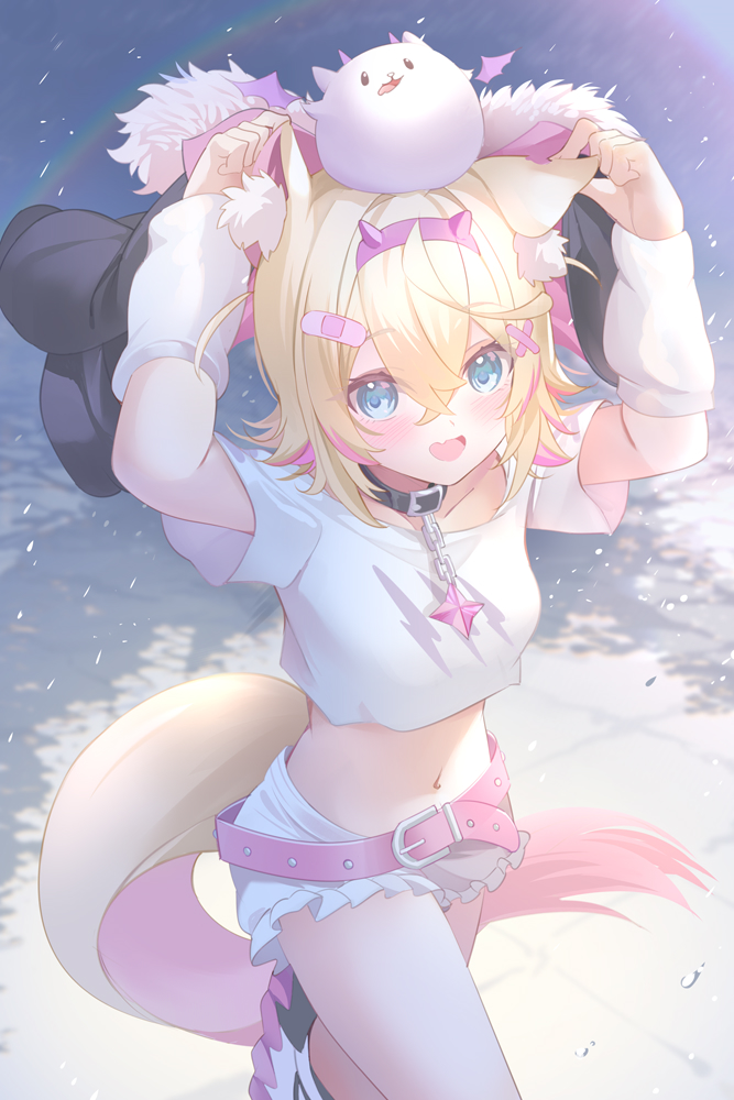 1girl animal_ear_fluff animal_ears bandaid_hair_ornament belt belt_collar blonde_hair blue_eyes blush collar colored_inner_animal_ears dog_ears dog_girl fang fur_trim hair_ornament hairband headband hololive hololive_english jacket mococo_abyssgard mujinbensin multicolored_hair navel open_mouth perroccino_(fuwamoco) pink_belt pink_hair pink_hairband pink_headband short_hair skin_fang streaked_hair virtual_youtuber x_hair_ornament