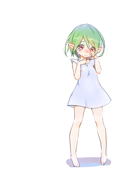 1girl barefoot crying crying_with_eyes_open dress elf full_body green_hair hands_up kiminomanimani_(---) looking_at_viewer mushoku_tensei parted_lips pointy_ears shadow short_hair solo standing sylphiette_(mushoku_tensei) tears white_background white_dress wiping_tears
