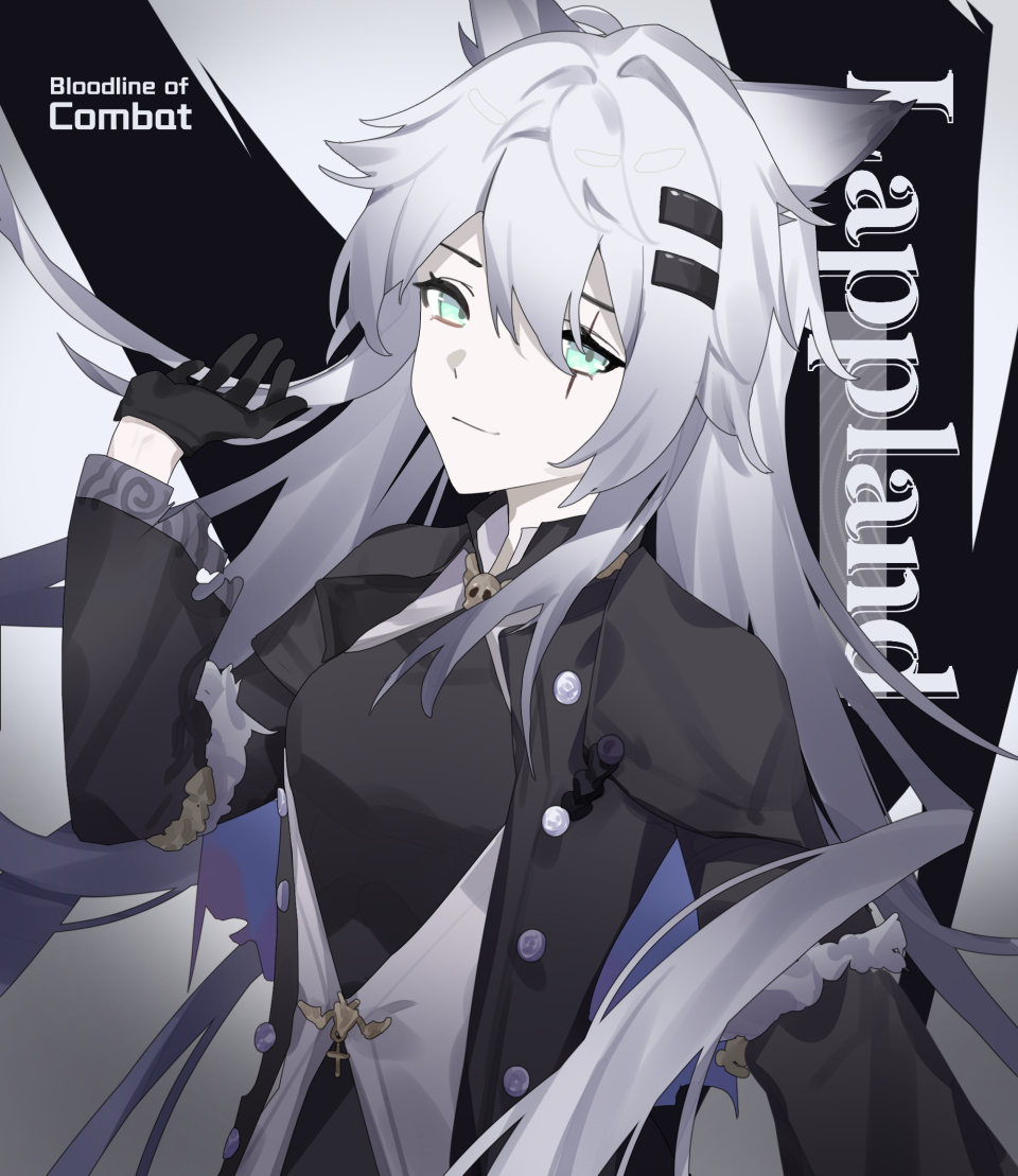 1girl animal_ears arknights black_dress black_gloves black_jacket blue_eyes breasts character_name closed_mouth dress gloves grey_hair hair_between_eyes hair_ornament hairclip hand_up hua_ye jacket lappland_(arknights) lappland_(refined_horrormare)_(arknights) looking_at_viewer open_clothes open_jacket scar scar_across_eye shirt small_breasts smile solo upper_body white_shirt