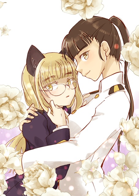 2girls animal_ears blonde_hair blush breasts brown_eyes brown_hair cat_ears closed_mouth flower glasses hug kanai large_breasts long_hair looking_at_viewer military_uniform multiple_girls open_mouth perrine_h._clostermann ponytail rose sakamoto_mio smile strike_witches uniform white_flower white_rose world_witches_series yellow_eyes yuri