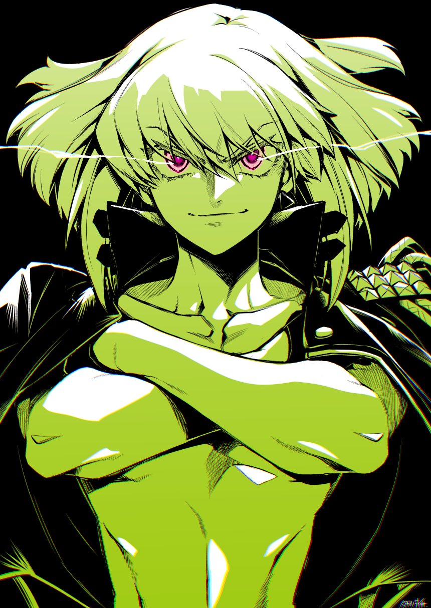 1boy black_background crossed_arms earrings eye_trail gloves green_theme highres jacket jacket_on_shoulders jewelry light_trail lio_fotia male_focus promare signature smile takatsuki_ichi topless_male violet_eyes