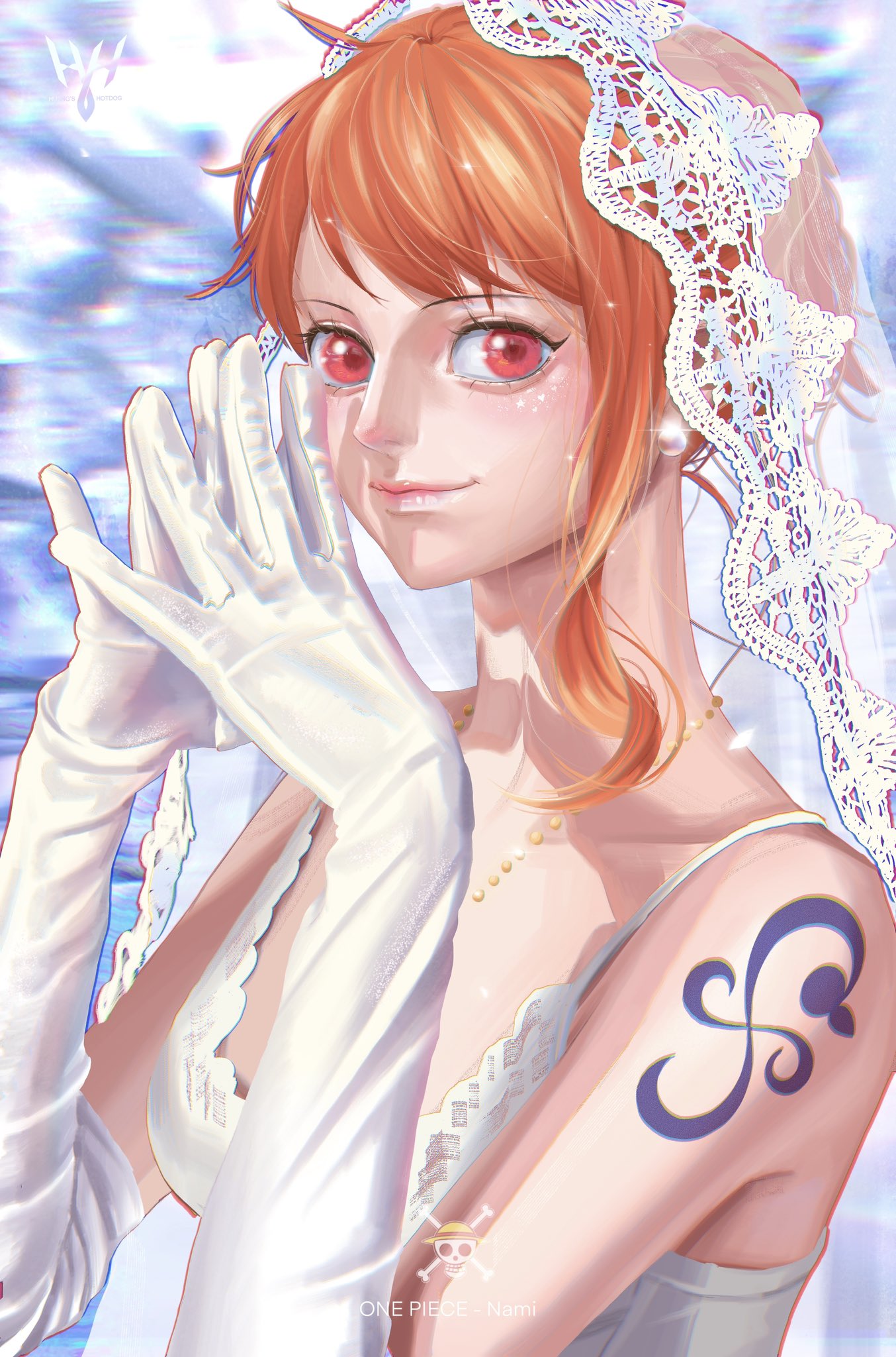 1girl alternate_costume arm_tattoo artist_name bare_shoulders bridal_gauntlets bridal_veil character_name closed_mouth dress earrings elbow_gloves english_commentary gloves highres jewelry jolly_roger looking_at_viewer nami_(one_piece) one_piece orange_eyes orange_hair pearl_earrings short_hair shoulder_tattoo signature skull_and_crossbones smile solo tattoo veil wedding_dress white_dress yellow70377686
