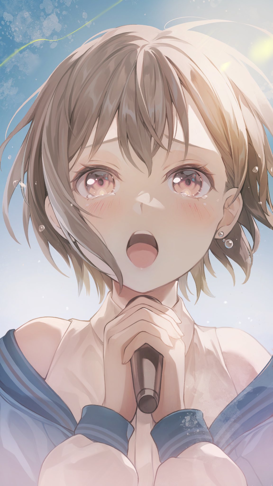 1girl bang_dream! bang_dream!_it's_mygo!!!!! blue_jacket blue_sky brown_eyes brown_hair clouds commentary_request crying crying_with_eyes_open day earrings floating_hair flying_teardrops hands_up highres holding holding_microphone jacket jewelry long_sleeves looking_at_viewer microphone music nobusawa_osamu off_shoulder open_clothes open_jacket open_mouth outdoors raised_eyebrows shirt short_hair singing single_earring sky sleeveless sleeveless_shirt solo sunlight takamatsu_tomori tears teeth upper_body upper_teeth_only white_shirt