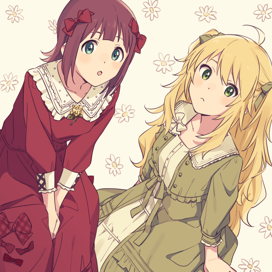 2girls ahoge alternate_hairstyle amami_haruka arm_support arms_between_legs blonde_hair blush bow breasts brown_hair closed_mouth collarbone commentary demirinz dot_nose dress dress_bow floral_background frilled_dress frills from_above green_bow green_dress green_eyes green_ribbon hair_bow hair_ribbon hoshii_miki idolmaster idolmaster_(classic) idolmaster_million_live! idolmaster_million_live!_theater_days large_breasts long_hair long_sleeves looking_at_viewer looking_up medium_breasts multiple_girls open_mouth plaid plaid_ribbon red_dress red_ribbon ribbon short_hair sitting white_background white_ribbon