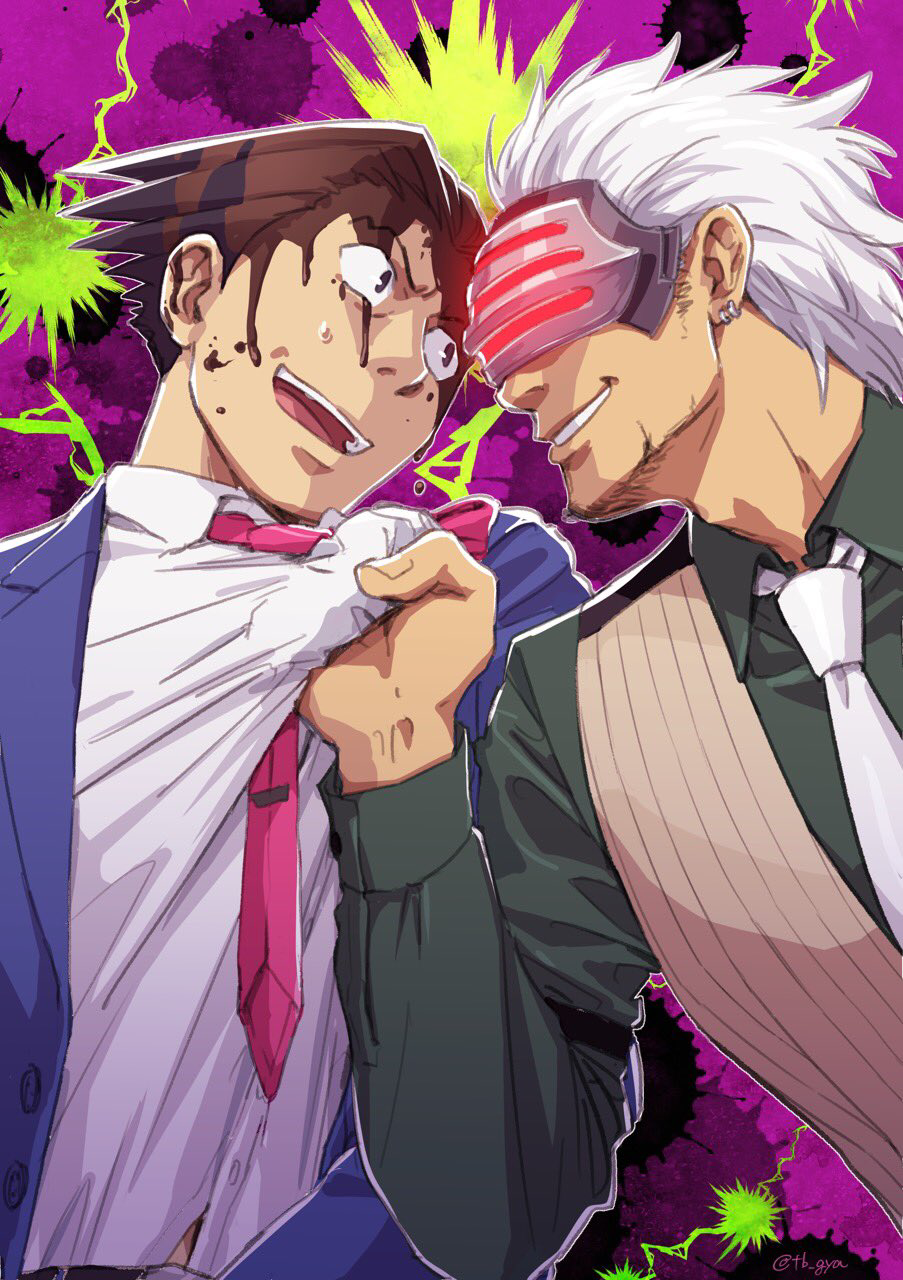 2boys ace_attorney beard black_hair blue_jacket brown_vest collared_shirt confrontation earrings face-to-face faceoff facial_hair fighting glowing godot_(ace_attorney) green_shirt grin highres jacket jewelry long_sleeves looking_at_another male_focus multiple_boys necktie phoenix_wright phoenix_wright:_ace_attorney_-_trials_and_tribulations pink_necktie profile shirt shirt_tug short_hair smile spiky_hair spill sweatdrop taba_(tb_gya) upper_body vest wet wet_hair white_hair white_necktie white_shirt
