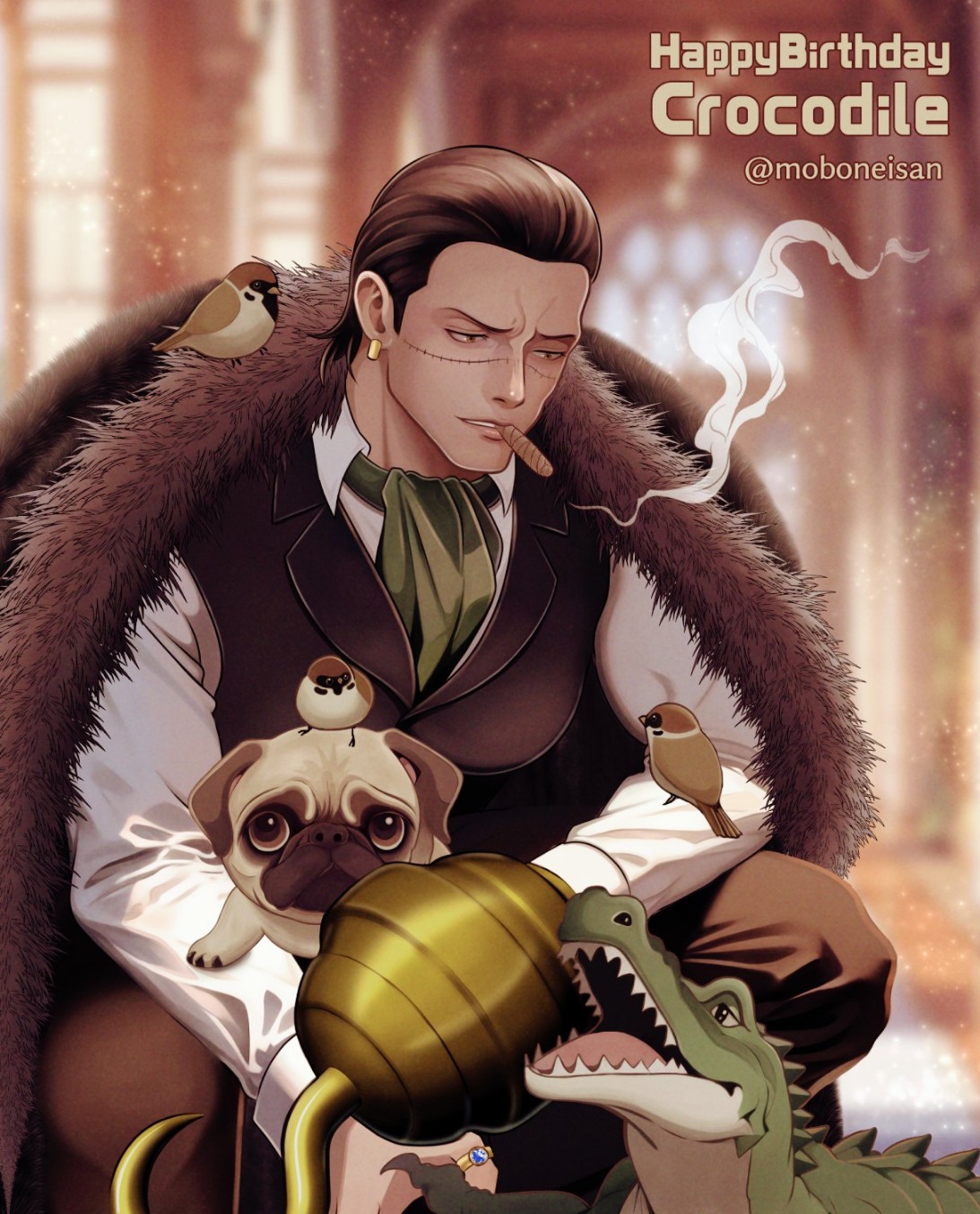 1boy alligator animal_on_arm animal_on_shoulder ascot bird bird_on_arm bird_on_shoulder black_hair cigar collared_shirt crocodile_(one_piece) crocodilian dog feet_out_of_frame frown hair_slicked_back happy_birthday highres hook_hand looking_at_animal male_focus mature_male moboneisan one_piece pants pectorals scar scar_on_face scar_on_nose shirt short_hair smoking solo squatting stitches vest
