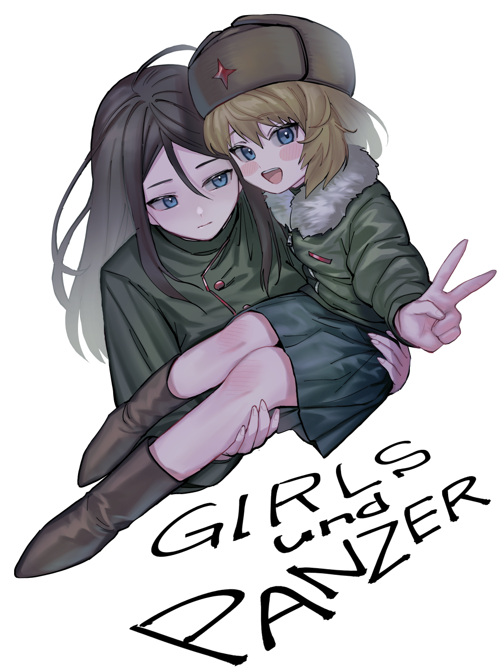 2girls :d :| black_hair blonde_hair blue_eyes blush boots brown_footwear carrying carrying_person closed_mouth commentary_request copyright_name fur-trimmed_jacket fur_hat fur_trim girls_und_panzer green_jumpsuit hat highres jacket jumpsuit katyusha_(girls_und_panzer) lifting_person long_hair long_sleeves looking_at_another looking_at_viewer machishita_atake military military_uniform multiple_girls nonna_(girls_und_panzer) open_mouth pleated_skirt princess_carry school_uniform short_hair short_jumpsuit simple_background skirt smile swept_bangs uniform ushanka v white_background