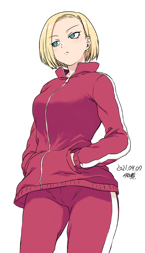 1girl android_18 blonde_hair blue_eyes breasts closed_mouth dated dragon_ball dragon_ball_super dragon_ball_z earrings jacket jewelry pants red_pants red_track_suit short_hair signature simple_background solo track_jacket track_pants track_suit tsukudani_(coke-buta) white_background