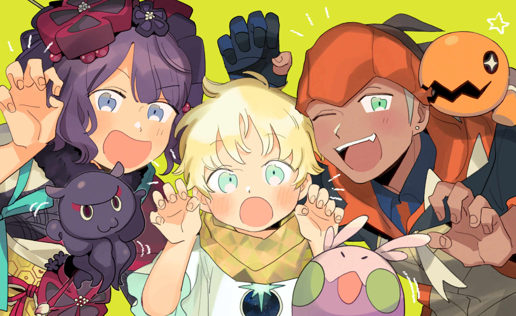 1girl 2boys :3 black_hair blonde_hair blue_eyes blue_gloves blue_shirt claw_pose collared_shirt crossover ear_piercing fate/grand_order fate_(series) fingernails gloves goomy green_background green_eyes highres jacket japanese_clothes katsushika_hokusai_(fate) multiple_boys octopus on_shoulder one_eye_closed one_side_up oneroom-disco open_mouth piercing pokemon pokemon_(creature) pokemon_(game) pokemon_on_shoulder pokemon_swsh purple_hair raihan_(pokemon) scarf shirt short_hair short_sleeves single_glove star_(symbol) teeth tokitarou_(fate) trapinch upper_body upper_teeth_only voyager_(fate) white_shirt yellow_scarf