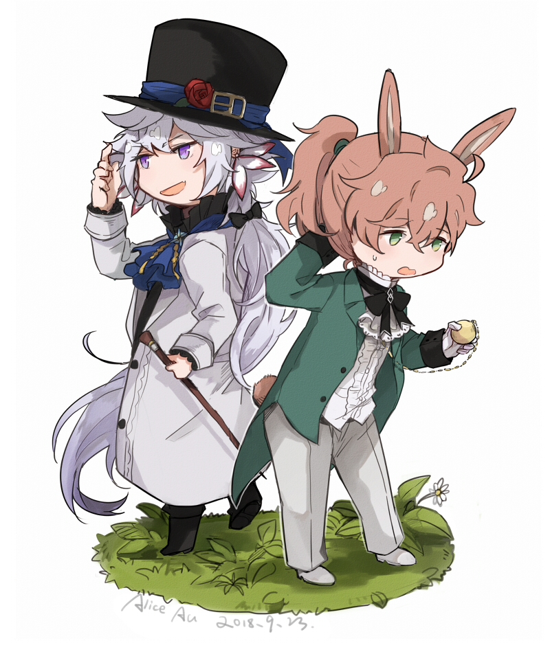 2boys :d alice_in_wonderland animal_ears ascot black_bow black_footwear blue_ascot boots bow bowtie cane center_frills coat coattails cosplay dated earrings fang fate/grand_order fate_(series) flower frilled_shirt_collar frills full_body gloves grass green_coat green_eyes grey_pants hair_between_eyes hair_bow hand_up hat hat_flower holding holding_cane holding_pocket_watch jewelry leg_up long_hair long_sleeves mad_hatter_(alice_in_wonderland) mad_hatter_(alice_in_wonderland)_(cosplay) male_focus merlin_(fate) multiple_boys open_clothes open_coat open_mouth orange_hair pants paper_texture pocket_watch ponytail rabbit_ears rabbit_tail red_flower red_rose romani_archaman rose ruoyin scratching_head shirt shoes skin_fang smile sweat tail very_long_hair violet_eyes watch white_flower white_footwear white_gloves white_rabbit_(alice_in_wonderland) white_rabbit_(alice_in_wonderland)_(cosplay) white_shirt