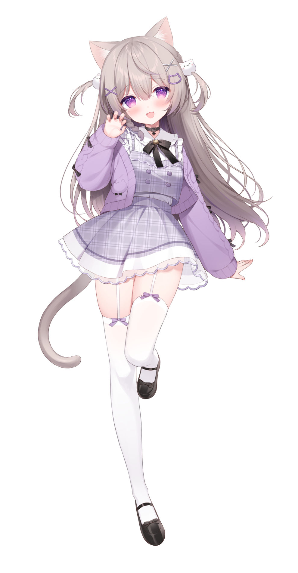 1girl :d animal_ears black_bow black_choker black_footwear blush bow brown_hair cat_ears cat_girl cat_hair_ornament cat_tail choker claw_pose collared_shirt commentary_request dress garter_straps grey_dress hair_between_eyes hair_ornament hand_up highres hisagi_(puchimaple) indie_virtual_youtuber jacket long_hair long_sleeves looking_at_viewer minaneko_mai open_clothes open_jacket plaid plaid_dress puffy_long_sleeves puffy_sleeves purple_jacket shirt shoes simple_background sleeveless sleeveless_dress sleeves_past_wrists smile solo standing standing_on_one_leg tail thigh-highs two_side_up unmoving_pattern very_long_hair violet_eyes virtual_youtuber white_background white_shirt white_thighhighs x_hair_ornament