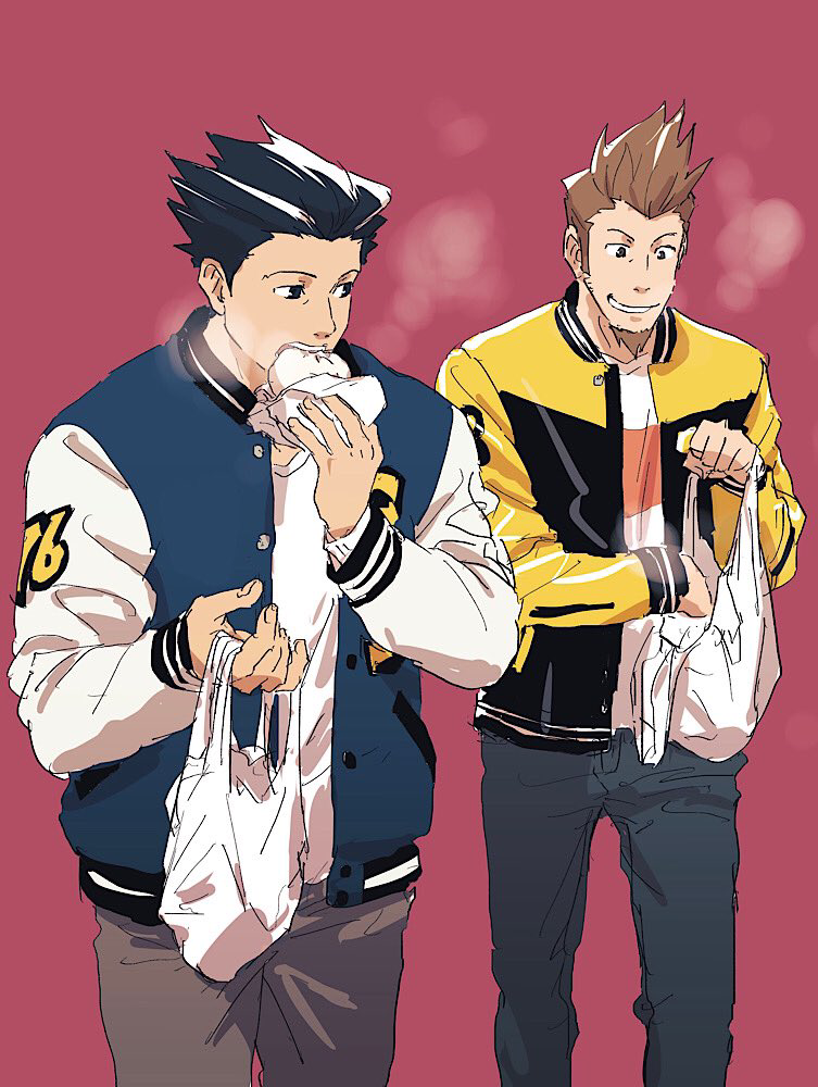 2boys ace_attorney alternate_costume bag baozi beard black_hair bomber_jacket brown_hair eating facial_hair food grey_pants grin holding holding_bag holding_food jacket larry_butz long_sleeves looking_at_another male_focus multicolored_clothes multicolored_jacket multiple_boys open_clothes open_jacket pants phoenix_wright red_background shirt shopping_bag short_hair simple_background smile spiky_hair standing steam taba_(tb_gya) two-tone_jacket