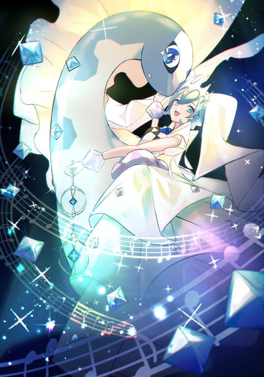 1girl :d aurorus commentary_request crossover crystal dress eyelashes glint gloves green_eyes green_hair hair_ornament hatsune_miku highres musical_note open_mouth pokemon pokemon_(creature) project_voltage sleeveless smile sparkle ssn_(sasa8u9r) staff_(music) vocaloid