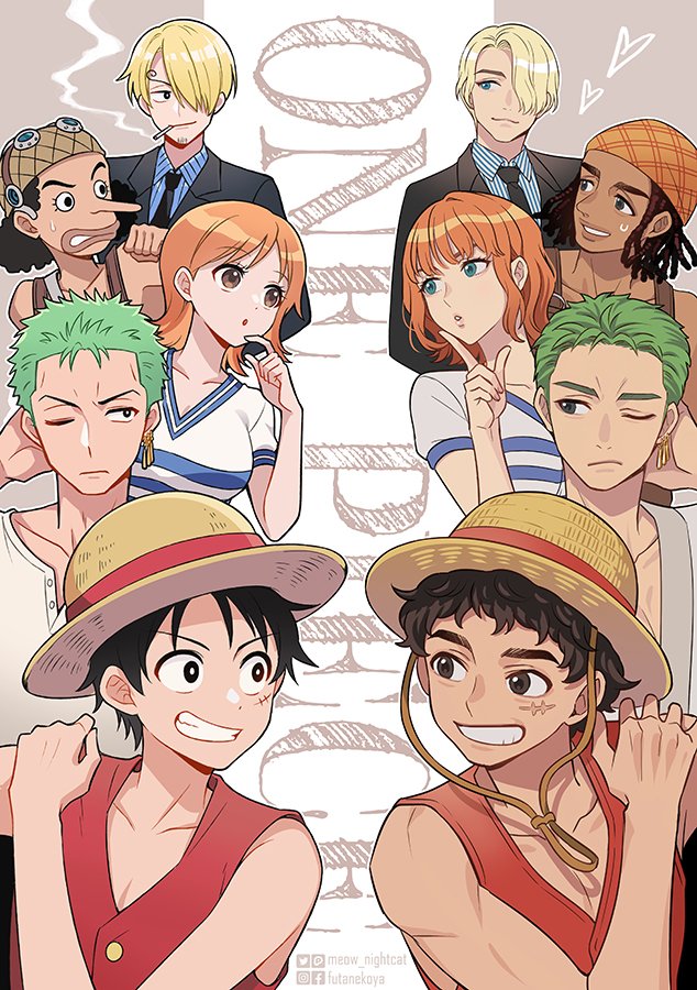 2girls 6+boys afro black_hair black_jacket black_necktie blonde_hair brown_eyes brown_headwear collarbone copyright_name curly_eyebrows dark_skin earrings goggles goggles_on_headwear green_eyes green_hair hat heart heart-shaped_pupils jacket jewelry looking_at_another monkey_d._luffy multiple_boys multiple_girls nami_(one_piece) necktie nigeria nightcat one_piece one_piece_(live_action) orange_hair red_vest roronoa_zoro sanji_(one_piece) scar scar_on_cheek scar_on_face short_hair short_sleeves smile smoking spiky_hair straw_hat straw_hat_pirates symbol-shaped_pupils vest