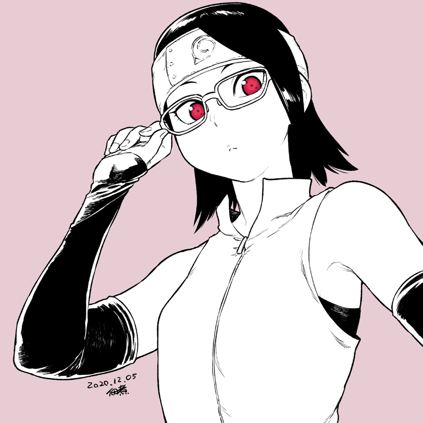 1girl bare_shoulders boruto:_naruto_next_generations dated detached_sleeves forehead_protector glasses greyscale looking_at_viewer monochrome naruto_(series) red_eyes short_hair signature simple_background solo spot_color tsukudani_(coke-buta) uchiha_sarada