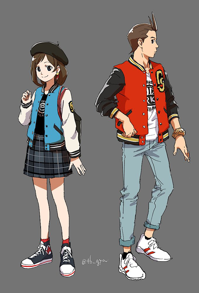 1boy 1girl ace_attorney alternate_costume antenna_hair apollo_justice beret black_headwear black_shirt black_socks blue_pants bomber_jacket bracelet brown_eyes brown_hair closed_mouth commentary_request earrings full_body grey_background grey_skirt hand_up hat jacket jewelry long_sleeves looking_at_viewer multicolored_clothes multicolored_jacket open_clothes open_jacket pants plaid plaid_skirt profile red_socks shirt shoes short_hair skirt smile sneakers socks standing streetwear taba_(tb_gya) trucy_wright two-tone_jacket white_footwear white_shirt