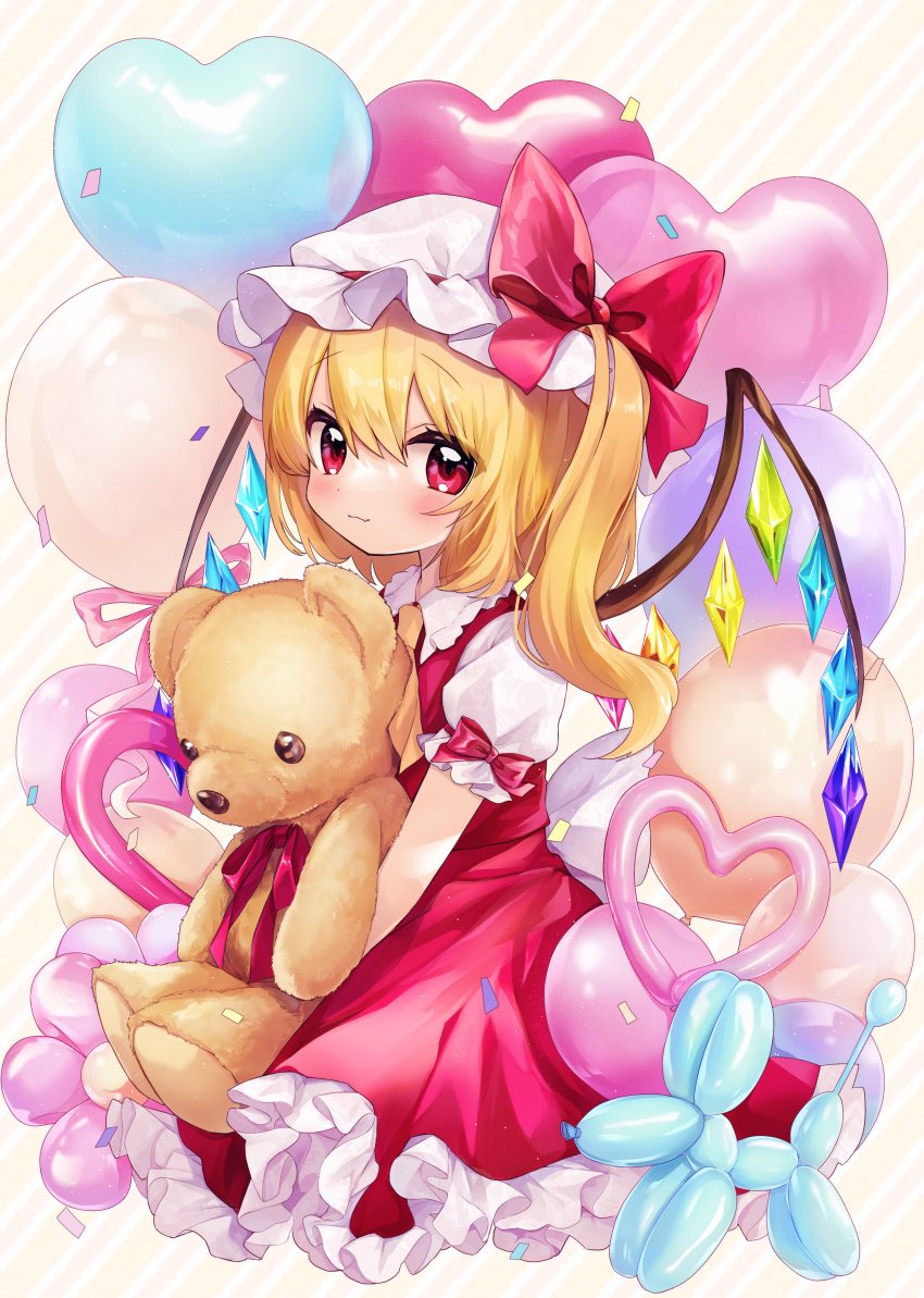 1girl balloon blonde_hair blush closed_mouth collared_shirt crystal flandre_scarlet frilled_skirt frills hat long_hair mob_cap moni_monico one_side_up red_eyes red_skirt red_vest shirt short_sleeves skirt solo stuffed_animal stuffed_toy teddy_bear touhou vest white_headwear white_shirt wings