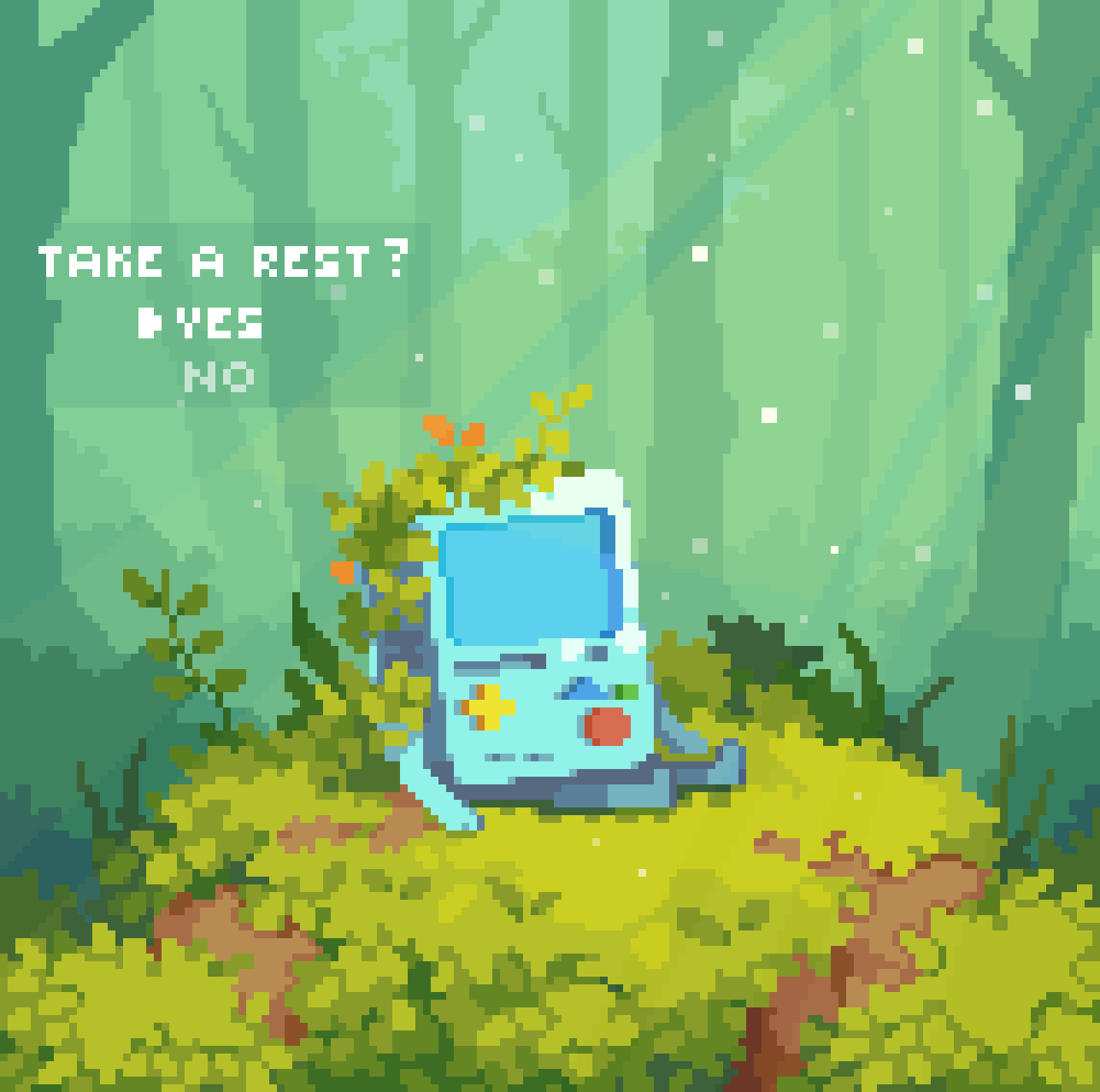 adventure_time animate_object arkhai2 bmo commentary d-pad day dialogue_options dirt english_text faceless forest game_boy grass handheld_game_console highres jungle leaf light_particles light_rays monitor nature no_humans on_grass on_ground outdoors pixel_art pixel_text plant sitting sunbeam sunlight tree triangle weeds