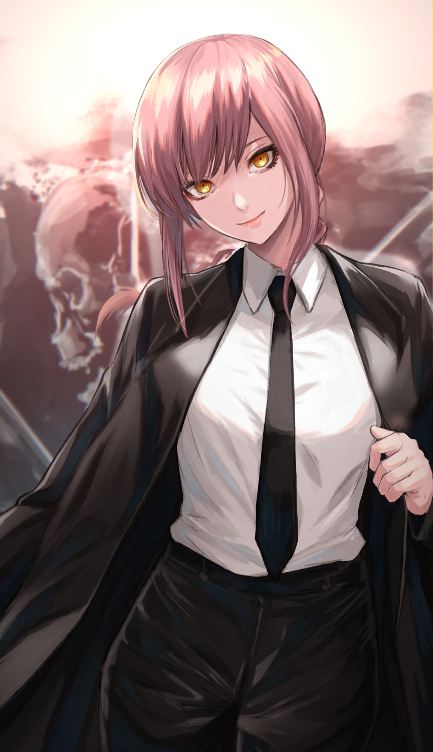 1girl black_coat black_necktie black_pants chainsaw_man coat coat_on_shoulders commentary_request cowboy_shot highres long_hair makima_(chainsaw_man) necktie pants partial_commentary pink_hair re_(re_09) shirt sidelocks solo standing white_shirt yellow_eyes