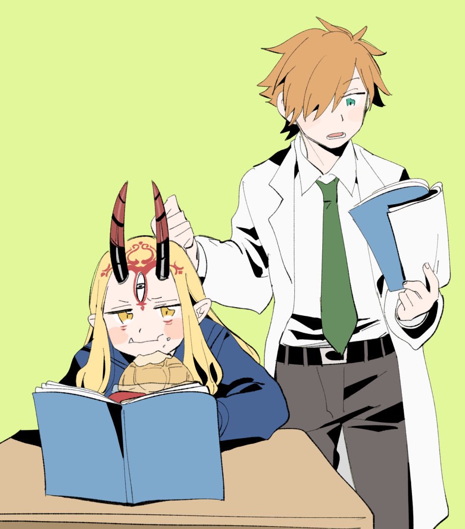 1boy 1girl belt black_belt blonde_hair blue_jacket book clenched_hand collared_shirt crumbs desk eating fang fate/grand_order fate_(series) food food_on_face green_background green_eyes green_necktie grey_pants hair_over_one_eye holding holding_book horns ibaraki_douji_(fate) jacket lower_teeth_only necktie oneroom-disco orange_hair pants pointy_ears reading robin_hood_(fate) school_desk school_uniform shirt short_hair teeth waffle white_shirt yellow_eyes