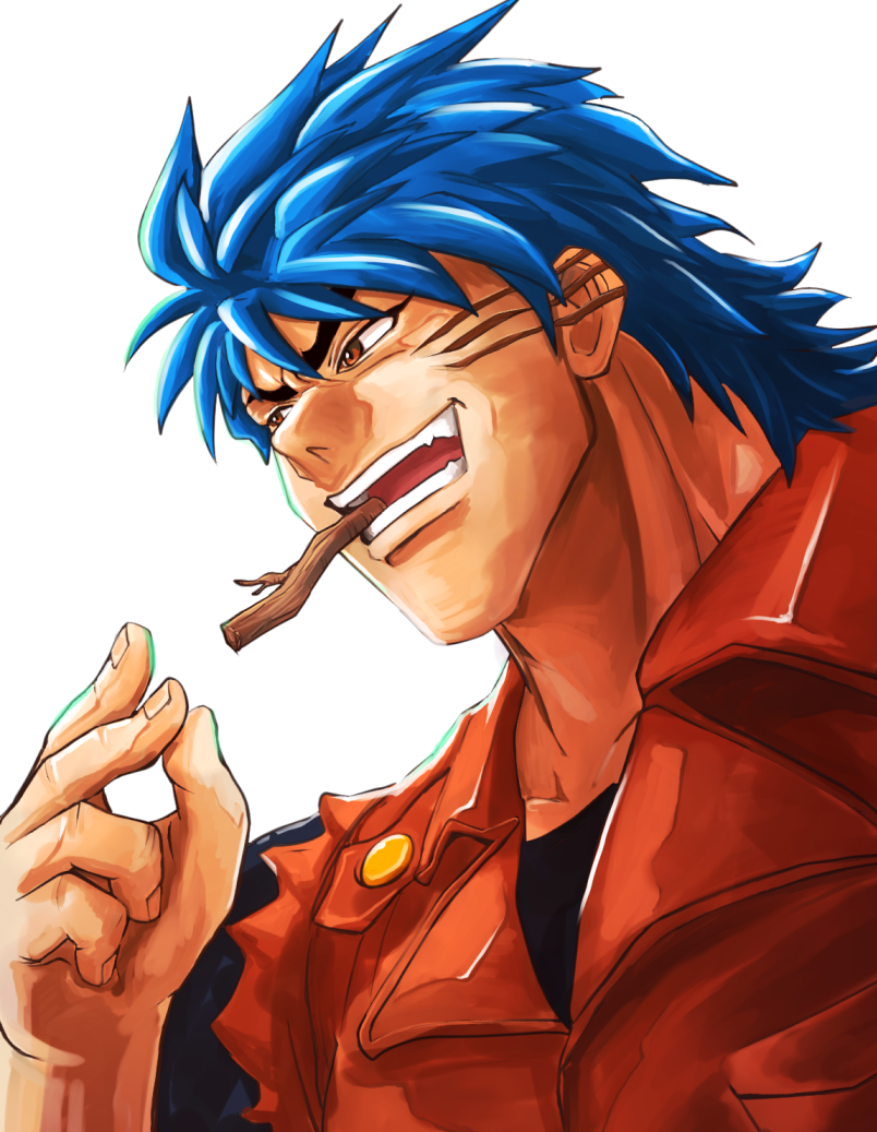 1boy black_undershirt blue_hair branch_in_mouth brown_eyes collar commentary looking_to_the_side messy_hair mouth_hold mullet muscular muscular_male open_mouth orange_shirt sakurajyousui_nami scar shadow shirt simple_background sleeveless sleeveless_shirt smile snapping_fingers solo thick_neck toriko toriko_(series) torn_clothes torn_shirt tsurime upper_body white_background