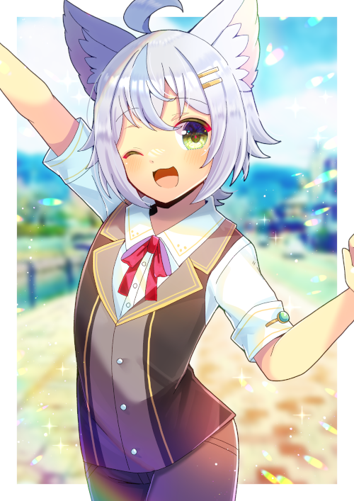 1girl ;d ahoge animal_ear_fluff animal_ears arm_up black_vest blue_hair blurry blurry_background bow brown_pants collared_shirt commentary_request commission day depth_of_field dress_shirt green_eyes grey_hair hair_between_eyes hair_ornament hairclip kou_hiyoyo looking_at_viewer multicolored_hair one_eye_closed original outstretched_arm pants red_bow shirt short_sleeves skeb_commission smile solo streaked_hair vest white_shirt