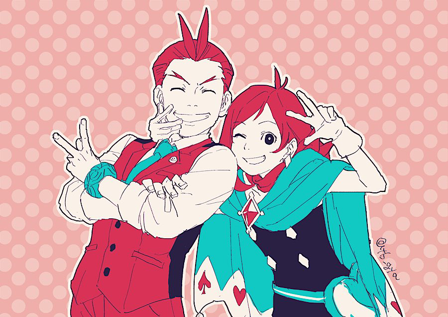 1boy 1girl ace_attorney antenna_hair apollo_justice belt_pouch black_dress blue_cape blue_necktie bracelet buttons cape collared_shirt commentary_request diamond_button diamond_earrings dress earrings facing_viewer gloves grin hand_on_another's_face hand_up jewelry limited_palette necktie one_eye_closed outline pants pink_background polka_dot polka_dot_background pouch red_pants red_scarf red_vest scarf shirt short_hair smile standing taba_(tb_gya) trucy_wright v vest white_gloves white_shirt