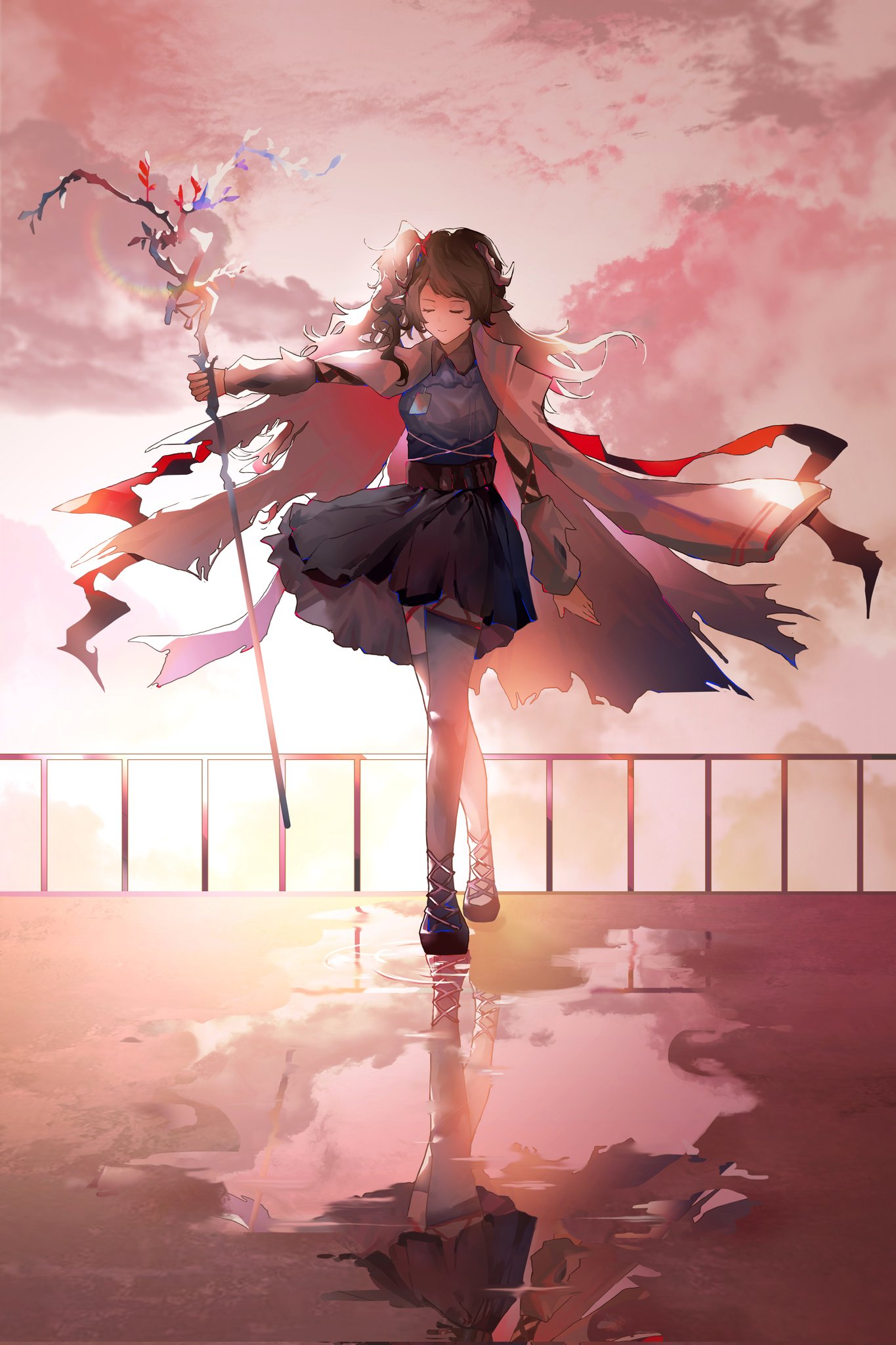 1girl arknights arm_up bad_hands black_footwear brown_hair closed_eyes clouds coat coat_on_shoulders commentary_request dress eyjafjalla_(arknights) eyjafjalla_the_hvit_aska_(arknights) full_body goat_horns highres holding holding_staff horns koroy lens_flare long_hair outdoors pink_sky pink_theme puddle purple_dress railing reflection side_ponytail sky smile solo staff thigh-highs torn_clothes torn_coat white_coat white_thighhighs