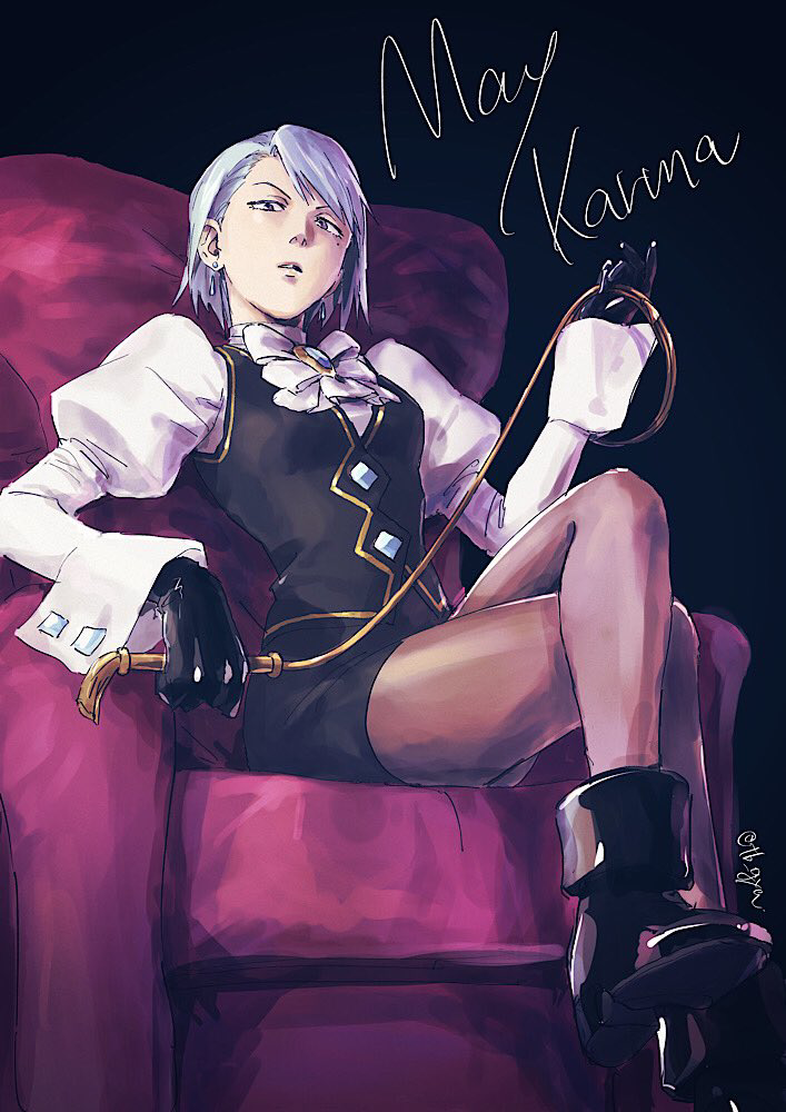 1girl ace_attorney armchair ascot black_background black_footwear black_gloves black_skirt black_vest blue_eyes blue_hair boots breasts chair character_name commentary_request crossed_legs earrings franziska_von_karma gem gloves grey_pantyhose high_heel_boots high_heels holding holding_whip jewelry juliet_sleeves long_sleeves looking_at_viewer medium_breasts mole mole_under_eye on_chair pantyhose parted_lips pencil_skirt puffy_sleeves shirt short_hair sitting skirt solo taba_(tb_gya) vest whip white_shirt