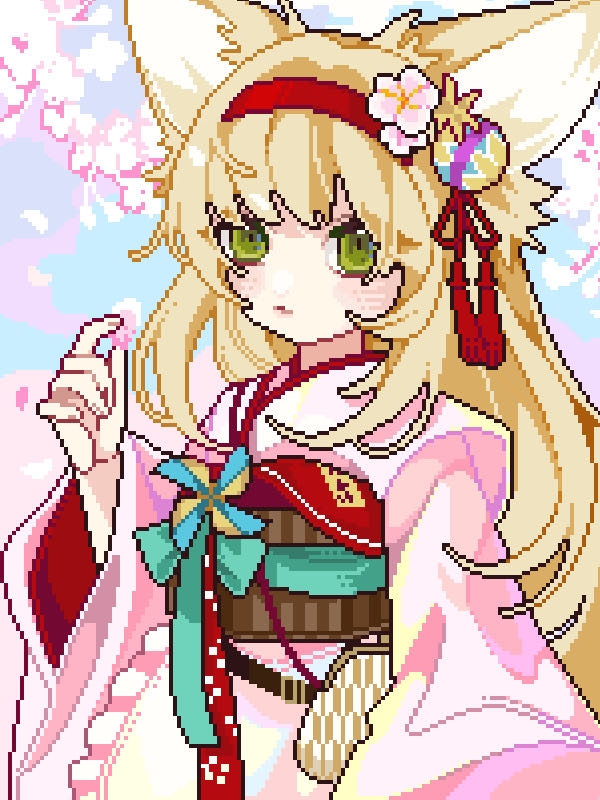 1girl animal_ears apron arknights blonde_hair chinese_commentary cigaretheart closed_mouth coin_purse commentary_request flower fox_ears fox_girl frilled_apron frills green_eyes hair_flower hair_ornament hairband japanese_clothes jpeg_artifacts kimono long_hair long_sleeves looking_at_viewer obi official_alternate_costume pink_kimono pinwheel pixel_art red_hairband sash solo suzuran_(arknights) suzuran_(yukibare)_(arknights) upper_body waist_apron white_apron wide_sleeves yagasuri