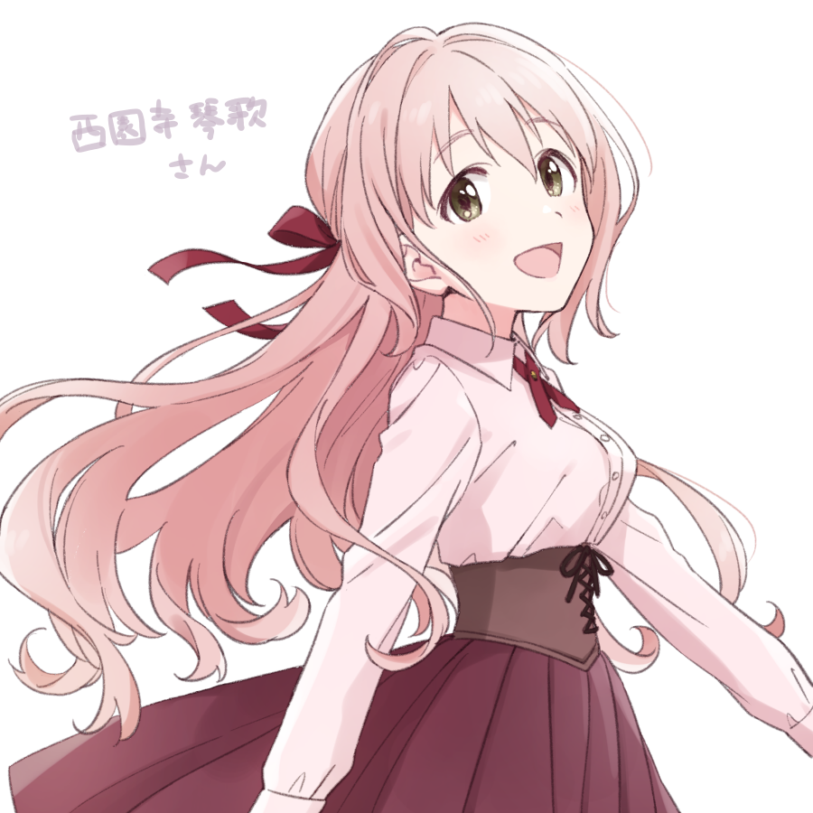 1girl alternate_hairstyle blush bow breasts brown_corset brown_eyes character_name corset cross_tie demirinz from_side hair_bow hair_ribbon idolmaster idolmaster_cinderella_girls idolmaster_cinderella_girls_starlight_stage large_breasts long_hair long_sleeves looking_at_viewer open_mouth pink_hair pink_shirt red_ribbon red_skirt red_tie ribbon saionji_kotoka shirt simple_background skirt smile solo standing thick_eyebrows underbust white_background