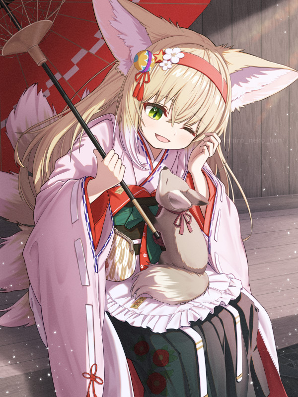 1girl animal animal_ears apron arknights black_hakama black_skirt blonde_hair coin_purse colored_tips commentary_request floral_print flower fox fox_ears fox_girl fox_tail frilled_apron frills green_eyes hair_between_eyes hair_flower hair_ornament hairband hakama hakama_skirt holding holding_umbrella japanese_clothes kimono kitsune kyuubi long_hair long_sleeves multicolored_hair multiple_tails obi official_alternate_costume oil-paper_umbrella one_eye_closed open_mouth paid_reward_available pink_kimono pleated_skirt red_hairband red_umbrella sash shironekoban sitting skirt solo suzuran_(arknights) suzuran_(yukibare)_(arknights) tail two-tone_hair umbrella waist_apron white_apron white_hair wide_sleeves