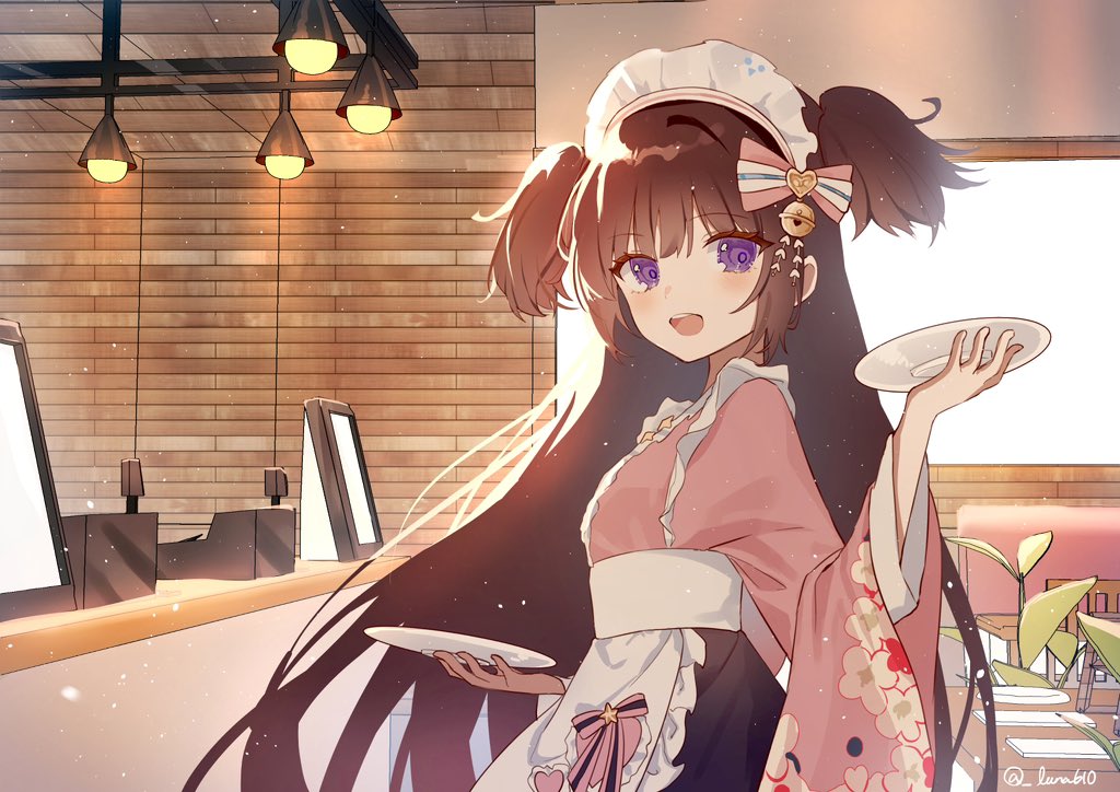 1girl apron bell blue_archive blush bow brown_hair frilled_apron frills hair_bell hair_bow hair_ornament holding holding_plate japanese_clothes kimono long_hair long_sleeves looking_at_viewer luna_(luna610) maid maid_apron maid_headdress open_mouth pink_bow pink_kimono plate shizuko_(blue_archive) solo twitter_username two_side_up violet_eyes wa_maid waist_apron white_apron wide_sleeves