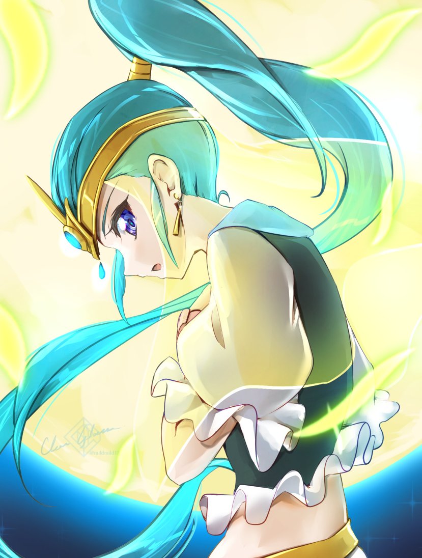 1girl artist_name blue_eyes blue_hair brooch clear_glass_(mildmild1311) cure_nile earrings full_moon happinesscharge_precure! heart heart_brooch jewelry long_hair looking_at_viewer looking_to_the_side magical_girl moon night precure puffy_short_sleeves puffy_sleeves short_sleeves signature skirt smile solo twitter_username upper_body very_long_hair wide_ponytail