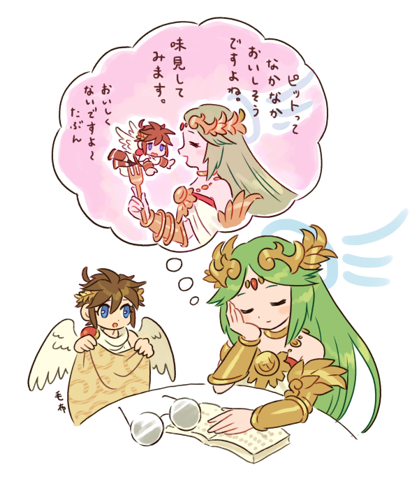 1boy 1girl ahoge angel angel_wings arm_support bare_shoulders blue_eyes book brown_hair closed_eyes commentary_request forehead_jewel fork glasses green_hair holding holding_fork imagining kid_icarus kid_icarus_uprising laurel_crown mini_person miniboy nopepe open_mouth palutena pit_(kid_icarus) round_eyewear simple_background translation_request upper_body white_background wings