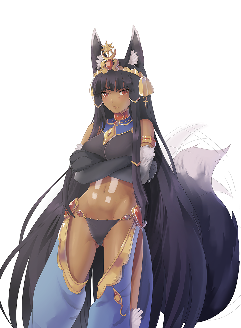 &gt;:( animal_ears animal_hands anubis_(monster_girl_encyclopedia) black_fur claws crossed_arms dark-skinned_female dark_skin dog_paws egyptian egyptian_clothes egyptian_mythology gem hair_ornament harem_pants highres jackal jackal_ears jackal_tail jewelry large_ears midriff monster_girl monster_girl_encyclopedia monster_girl_saga nennanennanennas pants red_eyes red_gemstone shoshanah snake_hair_ornament tail tail_wagging tattoo tsundere v-shaped_eyebrows wolf_ears wolf_tail