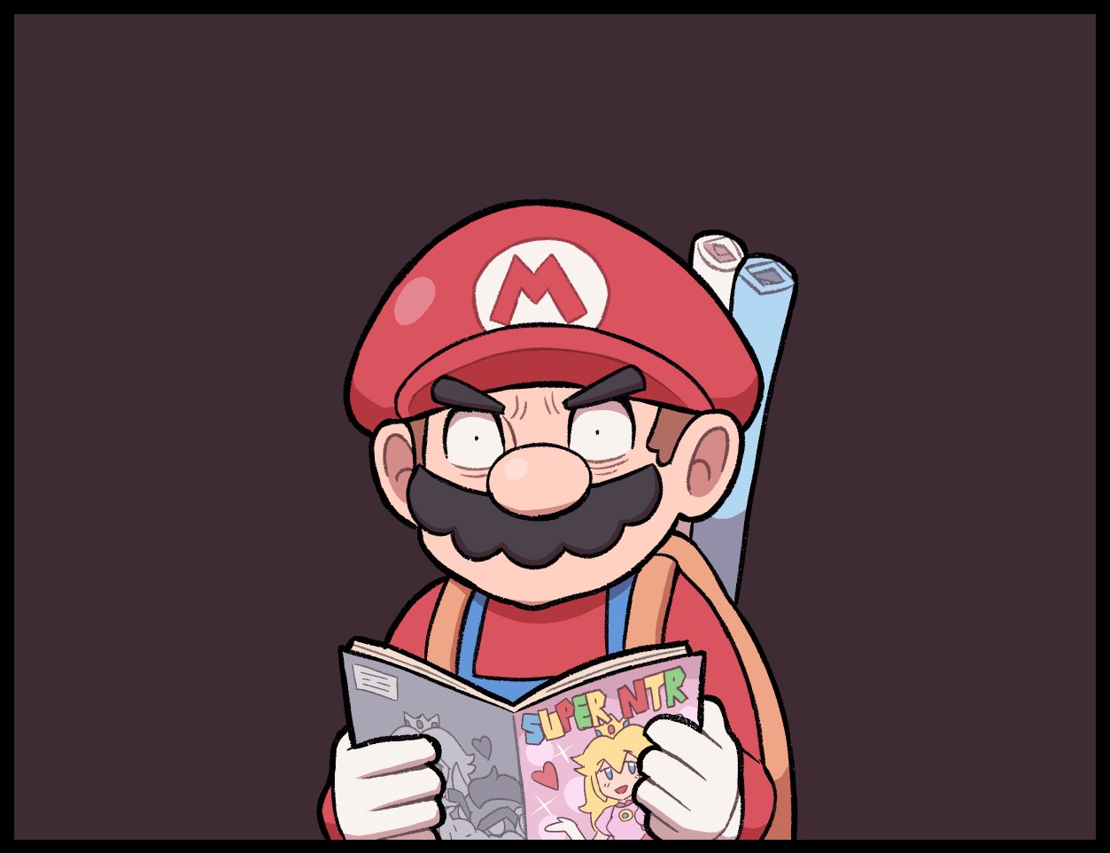 1boy ayyk92 black_border blue_overalls border brown_background facial_hair gloves holding_manga looking_at_viewer male_focus mario mustache overalls red_headwear red_shirt shirt simple_background solo super_mario_bros. v-shaped_eyebrows white_gloves