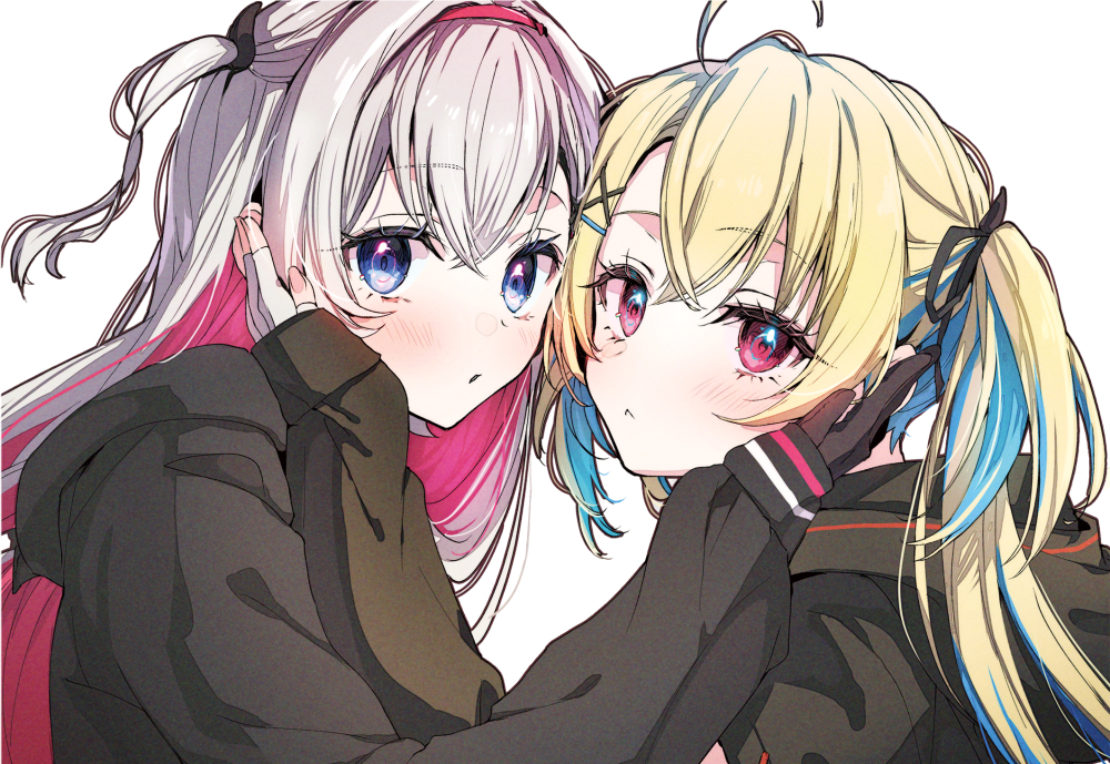 2girls ahoge avatar_2.0_project black_gloves black_jacket black_ribbon blonde_hair blue_hair commentary_request fingerless_gloves gloves grey_hair hair_ornament hair_ribbon hairclip hand_on_another's_face hood hood_down hooded_jacket jacket long_hair long_sleeves minase_shia multicolored_hair multiple_girls musubime_yui nail_polish partially_fingerless_gloves pink_hair pink_nails puffy_long_sleeves puffy_sleeves ribbon simple_background sleeves_past_wrists tomozero two-tone_hair two_side_up upper_body very_long_hair virtual_youtuber white_background white_gloves x_hair_ornament