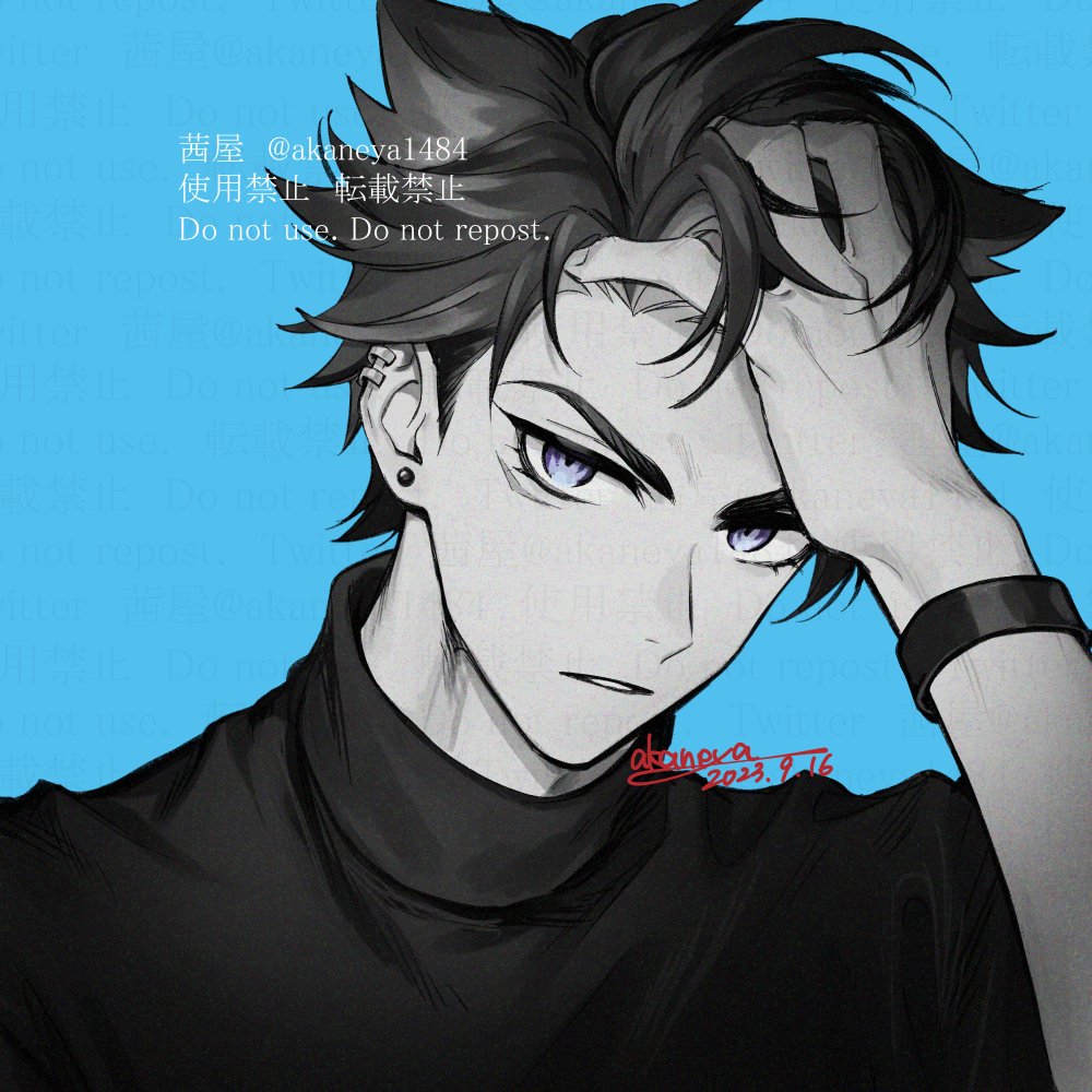1boy artist_name black_hair black_shirt blue_background commentary_request dated ear_piercing earrings genshin_impact greyscale greyscale_with_colored_background hand_on_own_head hand_up jewelry looking_at_viewer male_focus monochrome multicolored_hair ojo_aa parted_bangs parted_lips piercing scar scar_on_face shirt short_hair signature simple_background solo spot_color streaked_hair stud_earrings turtleneck twitter_username upper_body violet_eyes watermark wriothesley_(genshin_impact) wristband