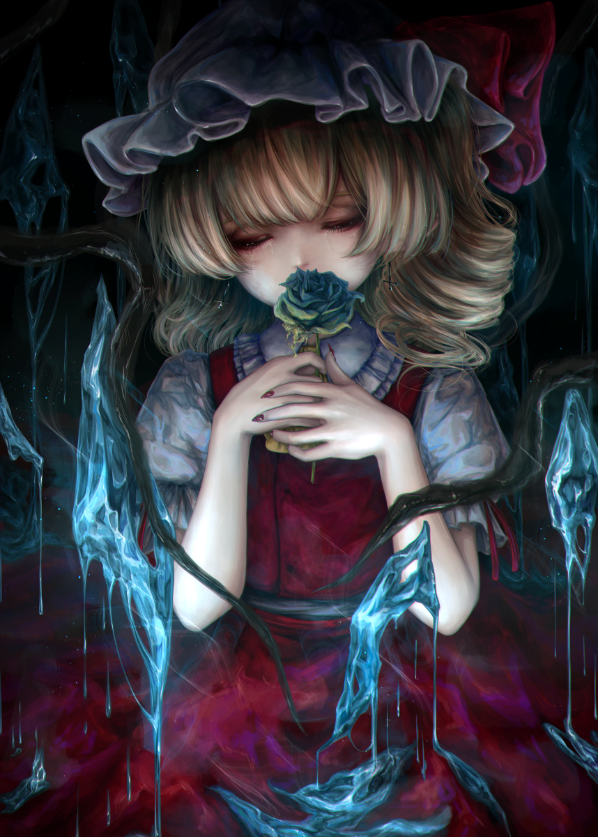 1girl ascot blonde_hair closed_eyes collared_shirt commentary_request crystal drill_hair dripping fingernails flandre_scarlet flower frilled_shirt_collar frilled_sleeves frills green_flower green_rose hat hat_ribbon highres holding holding_flower medium_bangs medium_hair melting mizuhichi mob_cap puffy_short_sleeves puffy_sleeves red_nails red_ribbon red_skirt red_vest ribbon rose sharp_fingernails shirt short_sleeves skirt skirt_set solo touhou vest white_headwear white_shirt wings yellow_ascot