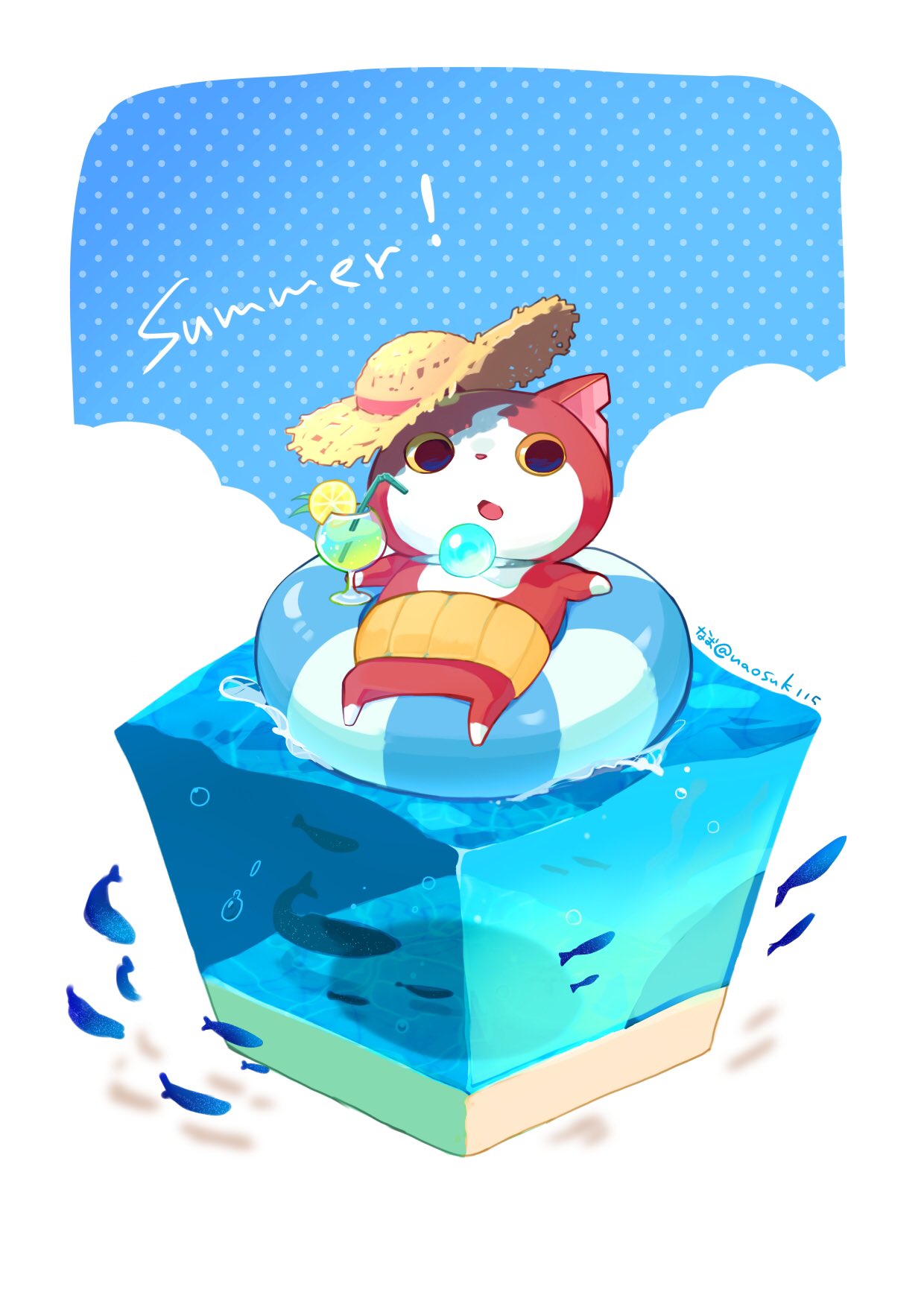 afloat blue_sky cat clouds cocktail cocktail_glass commentary_request cup day drinking_glass fish food fruit full_body haramaki hat highres holding holding_cup innertube isometric jibanyan lemon lemon_slice looking_to_the_side lying nao_(naosuk115) no_humans notched_ear on_back open_mouth outdoors sky solo straw_hat summer traditional_youkai water youkai_watch