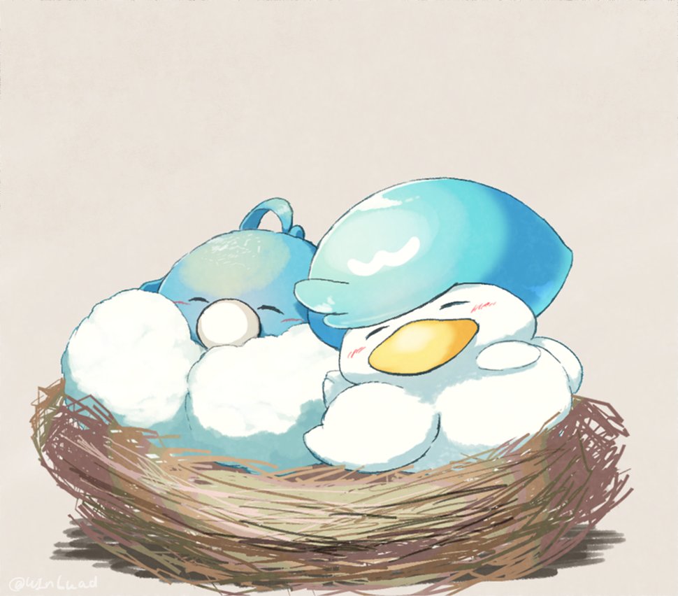 ^_^ bird blush closed_eyes commentary_request facing_viewer grey_background happy nest no_humans pokemon pokemon_(creature) quaxly simple_background swablu uin6uad