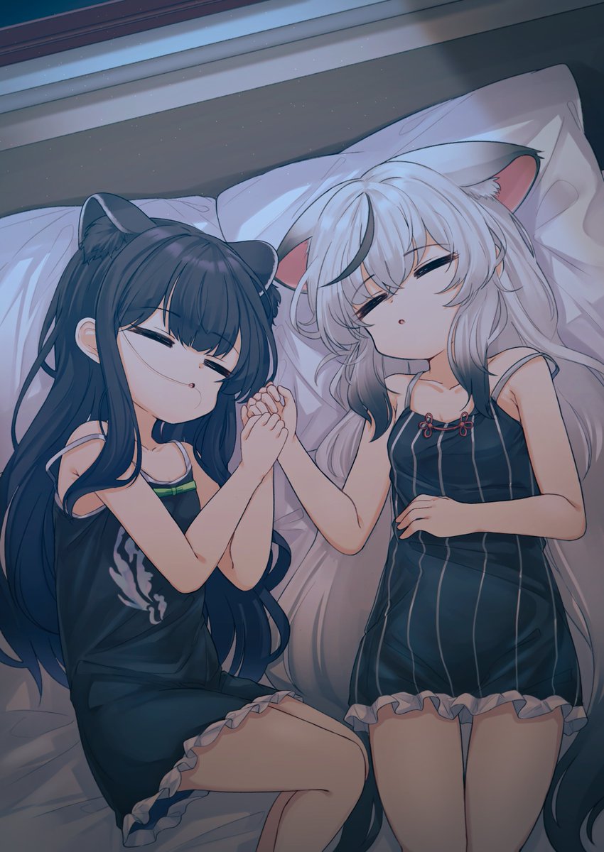 2girls alternate_costume animal_ear_fluff animal_ears bare_arms bare_shoulders black_dress black_hair blue_archive breasts child closed_eyes collarbone commentary dress extra_ears frilled_dress frills gradient_hair grey_hair hair_between_eyes highres holding_hands jokebag kokona_(blue_archive) long_hair lying multicolored_hair multiple_girls on_back on_bed on_side parted_lips pillow short_dress shun_(blue_archive) shun_(small)_(blue_archive) sidelocks sleeping small_breasts strap_slip streaked_hair striped striped_dress symbol-only_commentary tiger_ears tiger_girl two-tone_hair vertical-striped_dress vertical_stripes very_long_hair