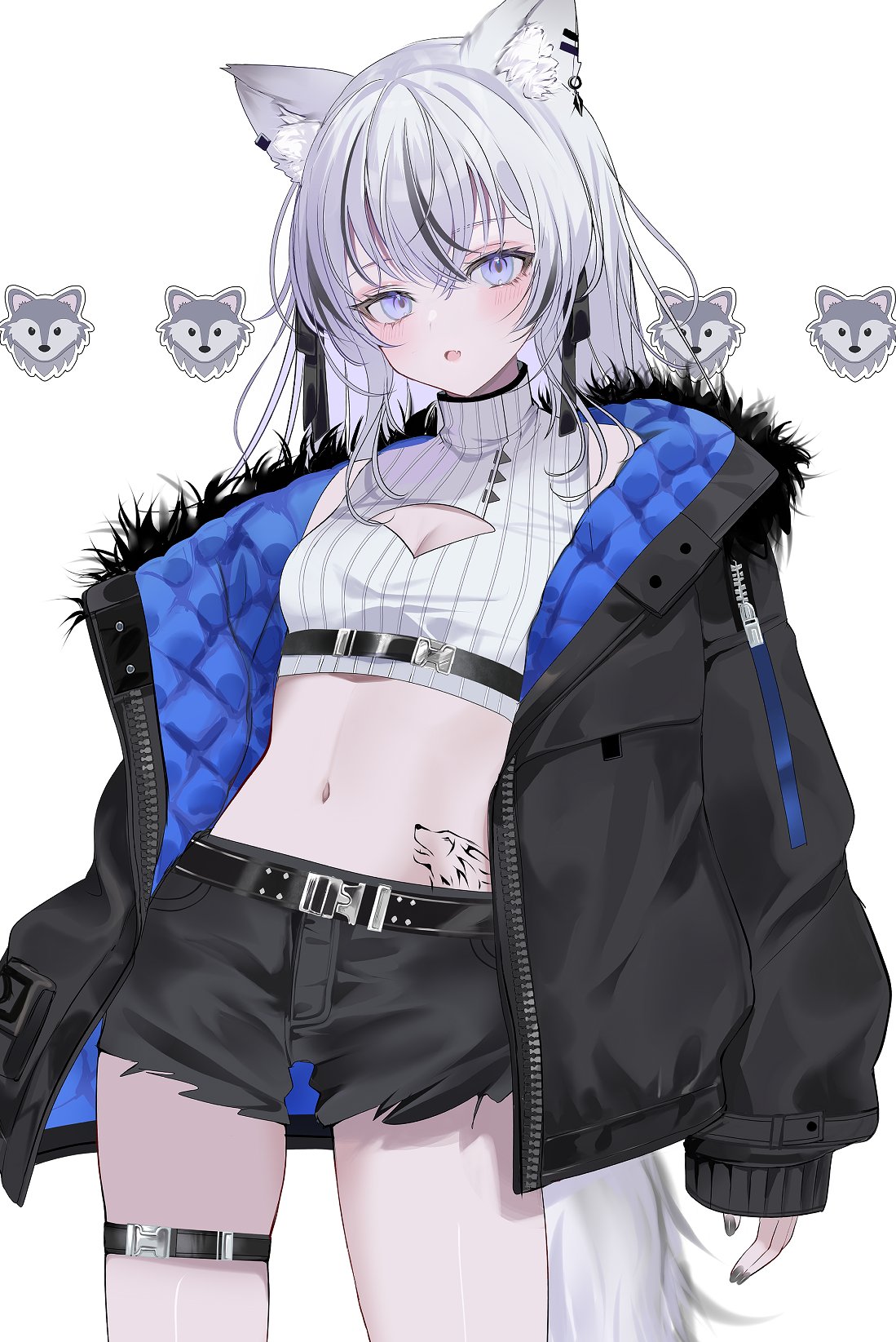 1girl :d animal_ears belt black_hair black_jacket black_shorts blue_eyes breasts chiemo_(xcem) cleavage_cutout clothing_cutout commission cropped_sweater fang highres indie_virtual_youtuber jacket long_hair long_sleeves looking_at_viewer medium_breasts mochita_ren multicolored_hair navel open_clothes open_jacket open_mouth oversized_clothes short_shorts shorts skeb_commission skin_fang sleeveless sleeveless_sweater sleeveless_turtleneck sleeves_past_wrists smile stomach stomach_tattoo streaked_hair sweater tail tattoo thigh_strap turtleneck two-tone_hair virtual_youtuber white_hair wolf_ears wolf_girl wolf_tail