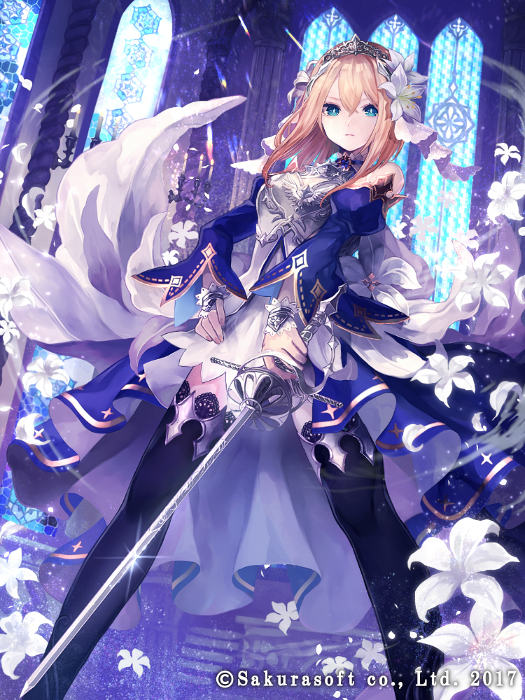 1girl aqua_eyes armor black_thighhighs blonde_hair blue_dress breastplate church closed_mouth copyright detached_sleeves double-parted_bangs dress dress_flower feet_out_of_frame flower gold_trim hair_between_eyes hair_flower hair_ornament hand_on_own_hip holding holding_sword holding_weapon indoors juliet_sleeves lace-trimmed_legwear lace-trimmed_thighhighs lace_trim legs_apart lily_(flower) long_sleeves looking_at_viewer medium_hair natsuiro_xx official_art overskirt pink_nails puffy_sleeves rapier serious solo stained_glass standing sword teikoku_senki thigh-highs tiara veil weapon white_dress white_flower white_lily white_veil window wrist_cuffs