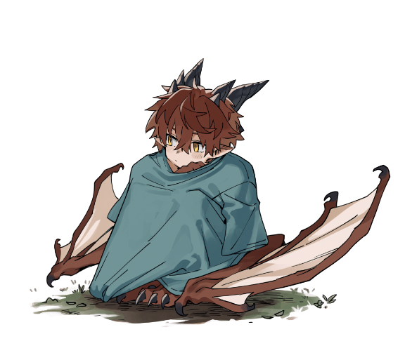 1boy :/ animal_feet black_horns blue_shirt brown_hair brown_wings child claws closed_mouth dragon_boy dragon_horns dragon_wings full_body hair_between_eyes horns knees_up looking_to_the_side low_wings male_focus monster_boy mullmull02 multiple_horns original oversized_clothes oversized_shirt pointy_ears shirt short_hair short_sleeves simple_background sitting slit_pupils solo t-shirt taras-kun white_background wings yellow_eyes