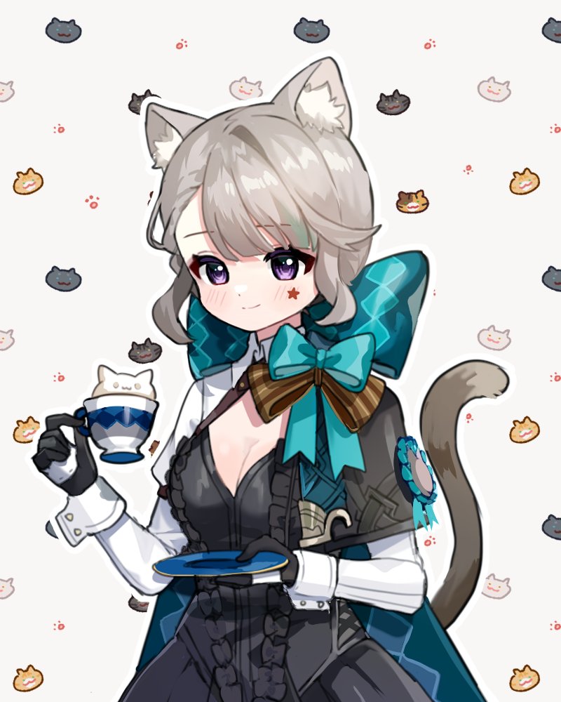 1girl animal_ear_fluff animal_ears animal_print blunt_bangs braid cat_ears cat_girl cat_print cat_tail commentary_request cup facial_tattoo forehead genshin_impact grey_hair holding holding_cup long_hair long_sleeves looking_at_viewer lynette_(genshin_impact) miyako_draw parted_bangs sidelocks simple_background single_braid smile solo star_tattoo tail tattoo teacup two-tone_gloves violet_eyes white_background