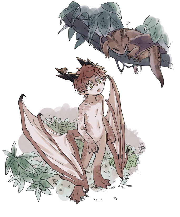 1boy animal animal_feet animal_hands bird black_horns branch brown_eyes brown_hair brown_scales brown_wings child claws creature digitigrade dragon dragon_boy dragon_horns dragon_wings full_body horns looking_at_animal looking_up low_wings male_focus monster_boy mullmull02 multiple_horns open_mouth original plant pointy_ears scales short_hair simple_background sleeping_animal slit_pupils solo standing taras-kun white_background wings