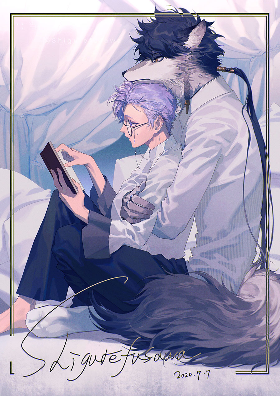 2boys animal_ear_fluff animal_ears artist_name barefoot bishounen black-framed_eyewear black_hair black_pants body_fur book braid brown_eyes closed_mouth colored_eyelashes dated full_body furry furry_male glasses grey_fur head_rest highres holding holding_book hug hug_from_behind indoors jewelry kinsatsu_(grizzled) long_hair long_sleeves looking_at_another looking_at_object low_ponytail male_focus multiple_boys multiple_rings original pants purple_hair reading ring round_eyewear short_hair short_hair_with_long_locks sitting socks solo tail very_long_hair white_socks wolf_boy wolf_ears wolf_tail