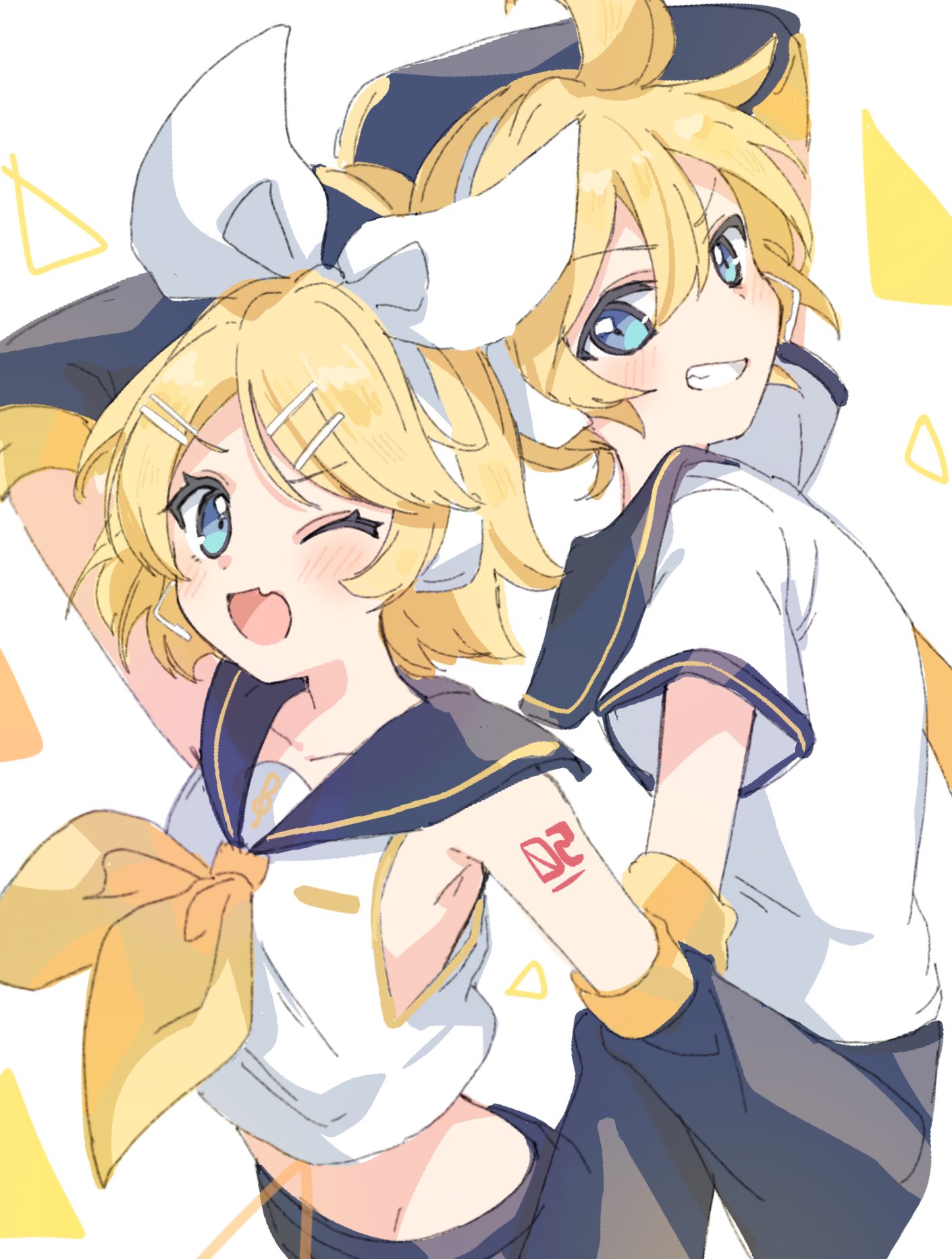 &gt;:) 1boy 1girl ahoge aqua_eyes arm_up armpits back-to-back bare_shoulders black_sailor_collar black_shorts black_sleeves blonde_hair blue_archive bow brother_and_sister collarbone detached_sleeves fang flat_chest grin hair_bow hair_ornament hairclip headphones headset highres holding_hands kagamine_len kagamine_rin light_blush midriff neckerchief necktie number_tattoo one_eye_closed open_mouth paragasu_(parags112) sailor_collar short_hair short_sleeves shorts shoulder_tattoo siblings skin_fang smile spiky_hair swept_bangs tattoo treble_clef tsurime twins v-shaped_eyebrows vocaloid white_bow yellow_neckerchief yellow_necktie